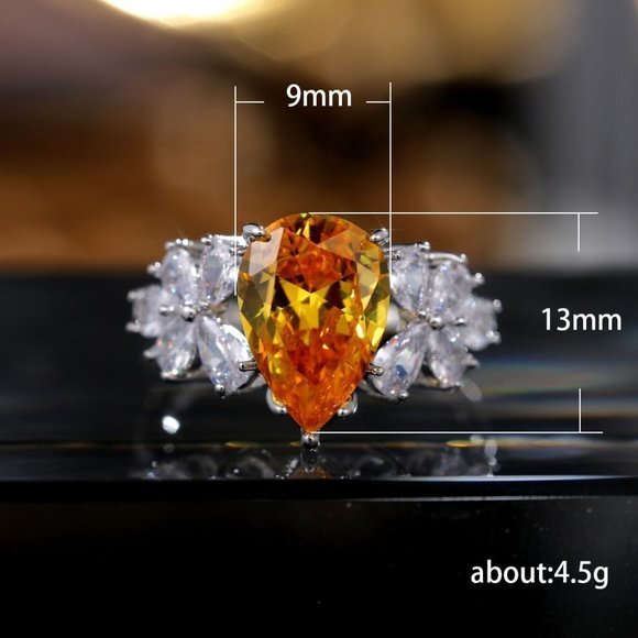 🎁Crystal Clear Sweet Light Yellow Pear Flower Silver Rings for Women,MARR9130 - Picture 4 of 4